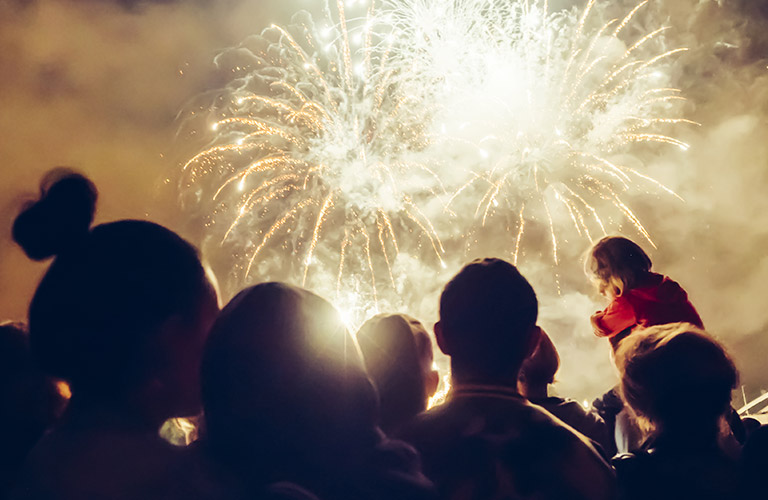 people looking at fireworks at night